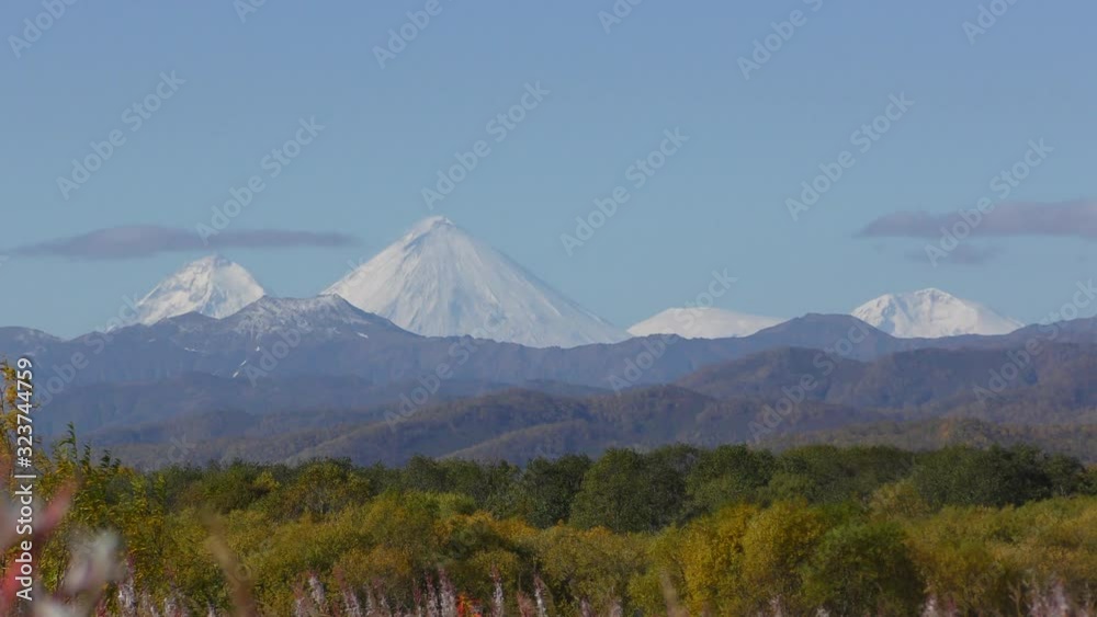 Autumn in the Kamchatka. Bright meadow on the background of Kamchatka volcanoes. Autumn in the Kamchatka. Bright meadow on the background of Kamchatka volcanoes.