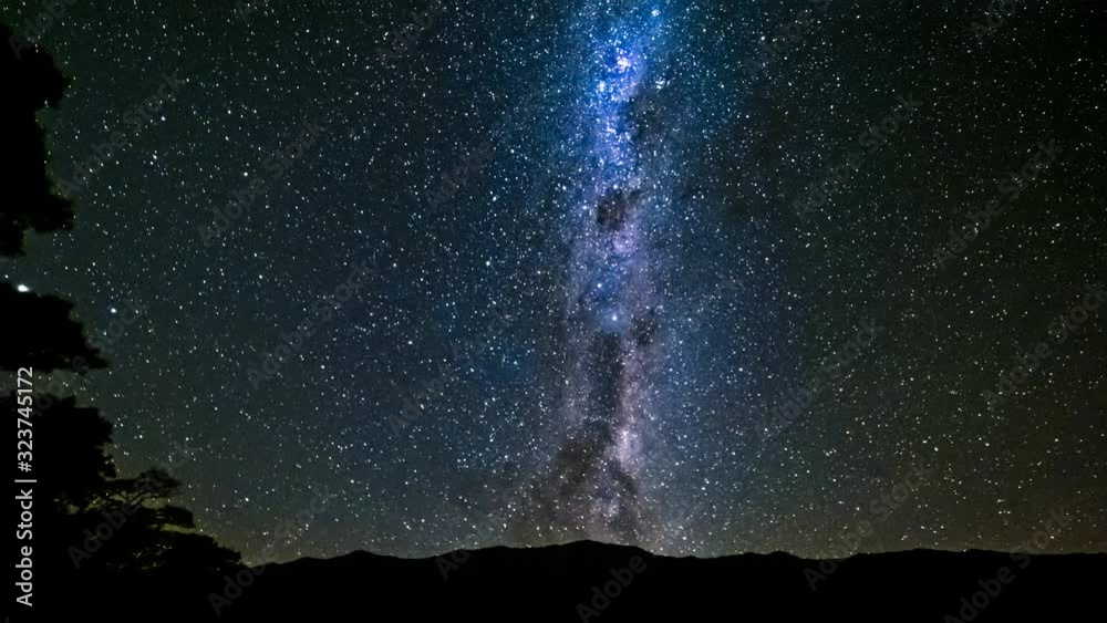 Timelapse of night sky with falling stars and Milky Way