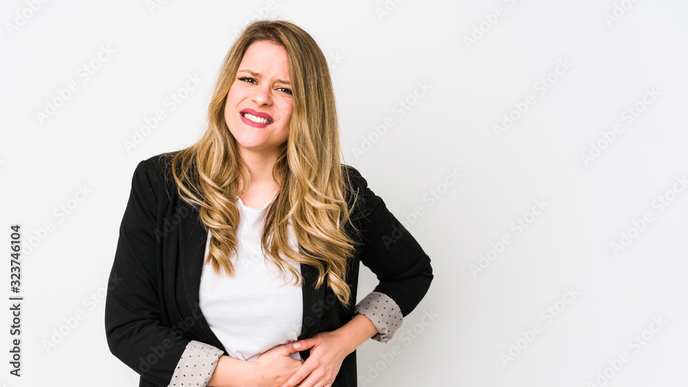 Young caucasian business woman isolated on white background Young caucasian bussines womanhaving a liver pain, stomach ache.