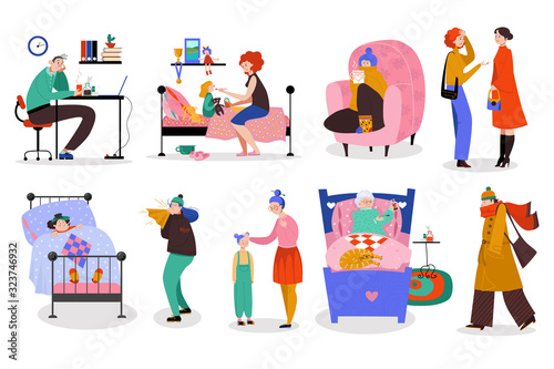 People with flu, men and women catch a cold, set of isolated cartoon characters, vector illustration. People sick at home or work, children with fever, flu symptoms treatment. Person cough and sneeze