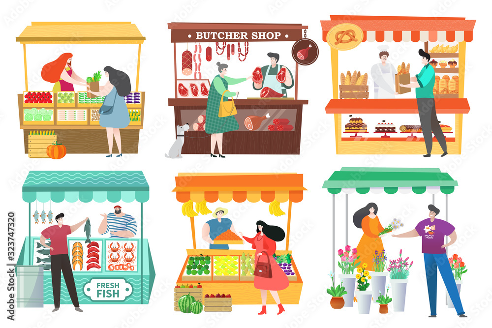 People at food market buy and sell farm products, fruit and vegetable  stall, vector illustration. Healthy food at marketplace, men and women  cartoon characters. Butcher shop, bakery and seafood market Stock Vector |