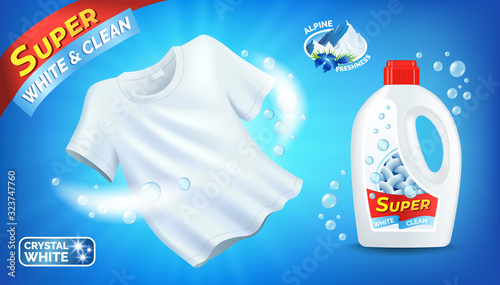 Laundry detergent ad with clean white T-shirt and liquid product package, plastic bottle with label, Alpine freshness perfume, vector illustration.