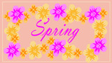 Spring flower landscape. Spring blooming spring flowers against beige background. Multi-colored flowers in spring. Lettering Spring. copyspace