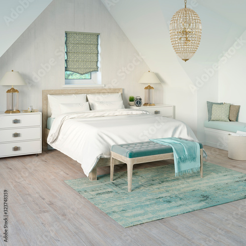 Modern white bedroom in the attic with window, drawers, two lamps, plaid on a bench, pillows on the bed and furniture in mint color. 3d render