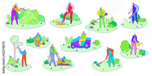 People gardening, line man cartoon character with lawn mower and shears, isolated set vector illustration. Gardener work, trimming bushes and watering plants. Summer lawn garden maintenance outdoor
