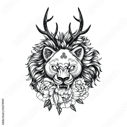 Wicca lion with flowers and horns