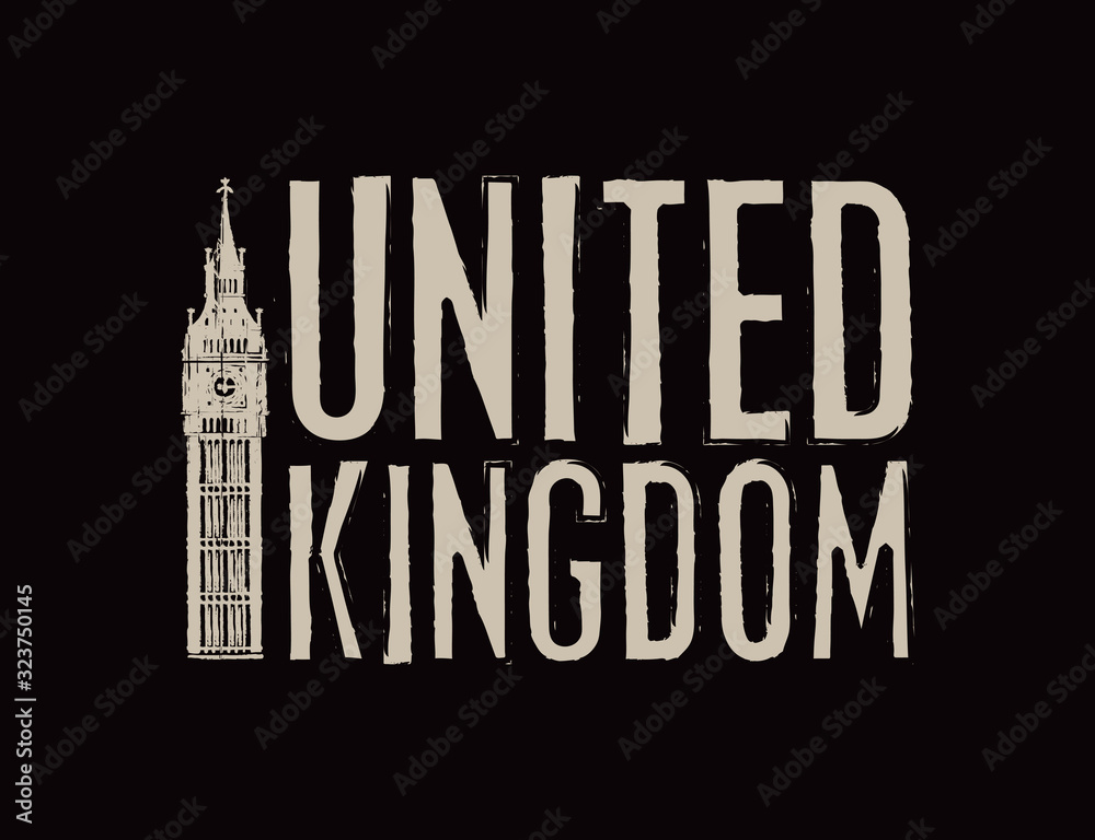 Vector inscription United Kingdom decorated by Big Ben tower in grunge style on the black background. Suitable for t-shirt print, poster, banner, postcard, flyer, design element