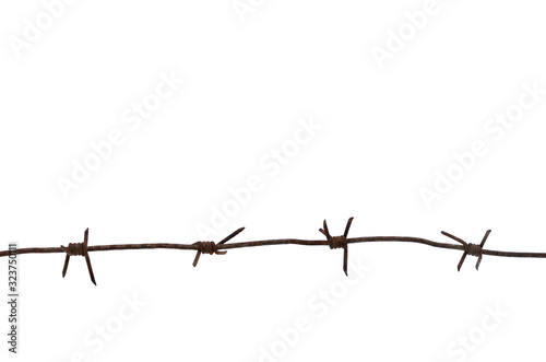 Old rusty metal barbed wire of times of the second world war isolated on white background