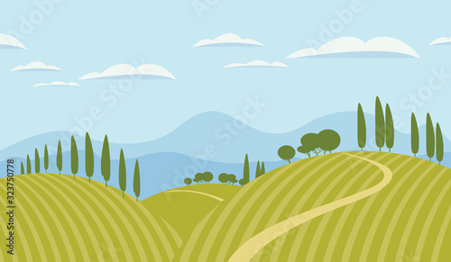 Vector landscape with green hills, road, mountains and sky with clouds. Decorative childish illustration or background in cartoon style.