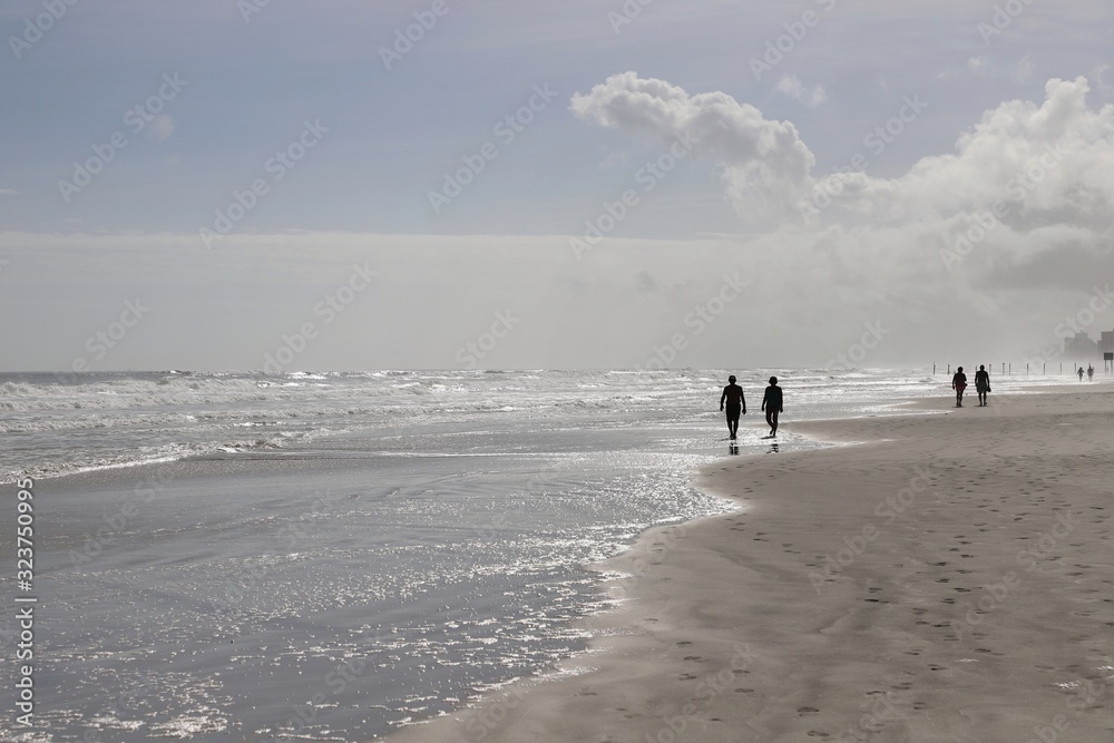 Silhouettes of people walking along coastline