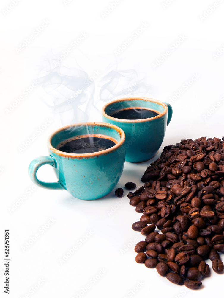 cup of coffee and beans. Studio shot, Close-up of coffee bean on white background. Set of fresh roasted coffee beans. copy space. cup of coffee and beans. Studio shot, Close-up of coffee bean on white background. Set of fresh roasted coffee beans. copy space.