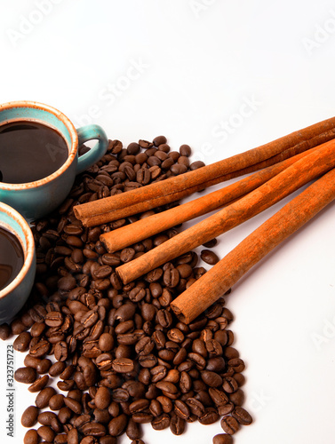 cup of coffee with cinnamon and beans. Studio shot, Close-up of coffee bean on white background. Set of fresh roasted coffee beans. copy space. Coffee Beans Isolated On White Background