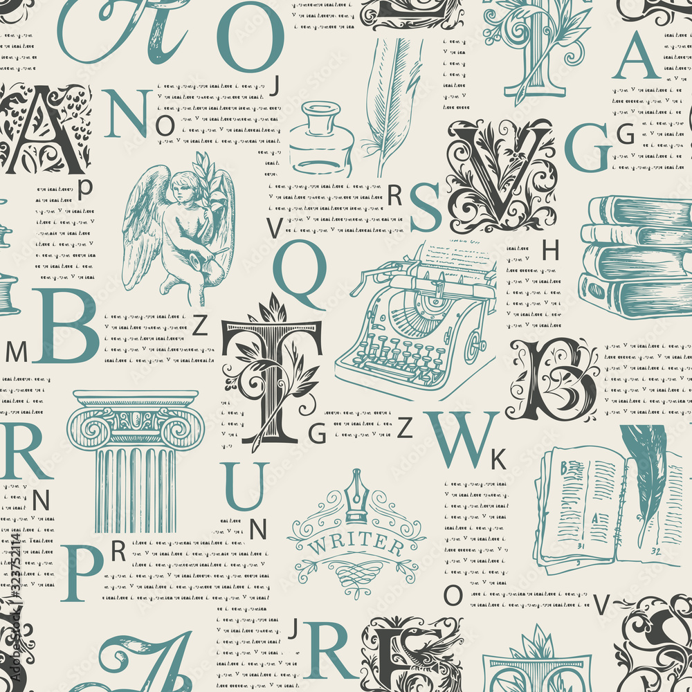 Vector seamless pattern with ornate initial letters and literary images ...