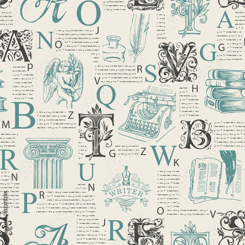 Vector seamless pattern with ornate initial letters and literary images on printed pages background. Unreadable text, capital letters and sketches. Suitable for Wallpaper, wrapping paper, fabric
