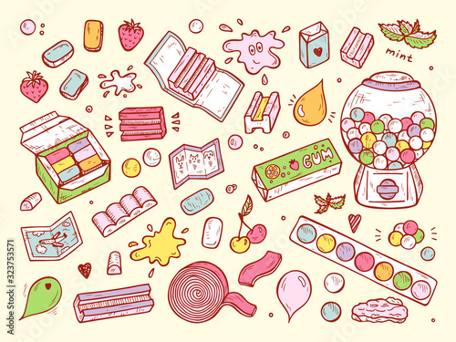 Bubble Gum Set. Hand Drawn Doodle Chewing Gums and Candy. Sweets. Vector illustration