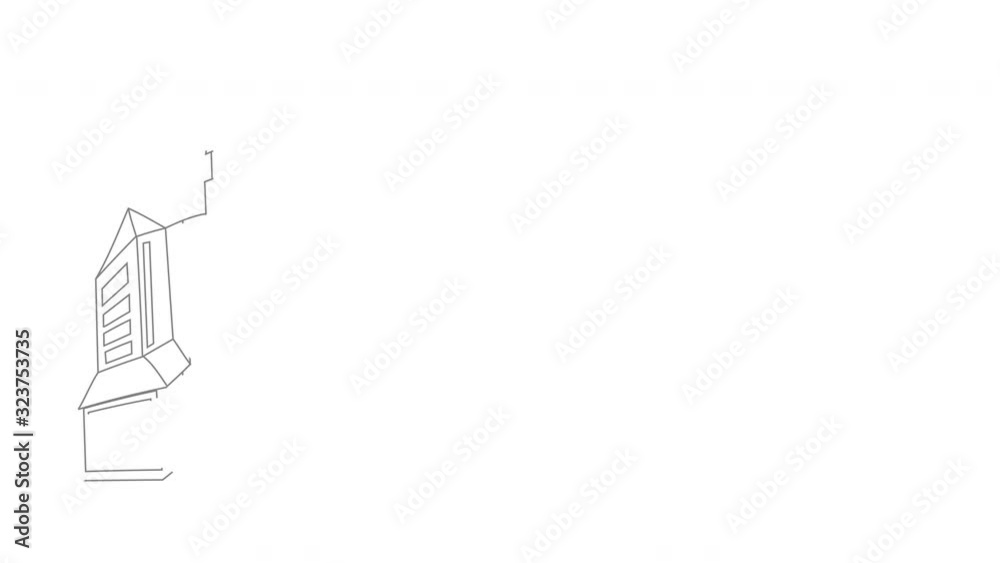 Self drawing sketch animation of cityscape. White and red. Copy space. Self drawing sketch animation of cityscape. White and red. Copy space.