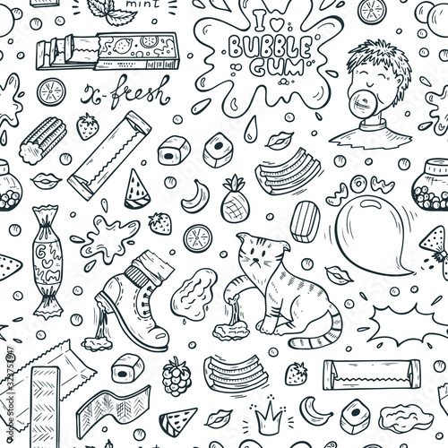 Bubble Gum Vector Seamless pattern. Hand Drawn Doodle Chewing Gums and Candy. Sweets Black and white background