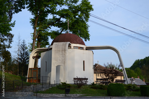  View of church Paraclisul Adormirea Maicii Domnului from Govora bath resort. photo