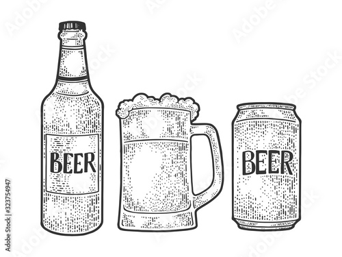 Beer bottle mug can sketch engraving vector illustration. T-shirt apparel print design. Scratch board imitation. Black and white hand drawn image.