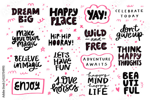 Congrats festive, motivation, lifestyle phrase set. Quote hand drawn black and pink lettering. Design elements for greeting card, poster, print, t shirt.