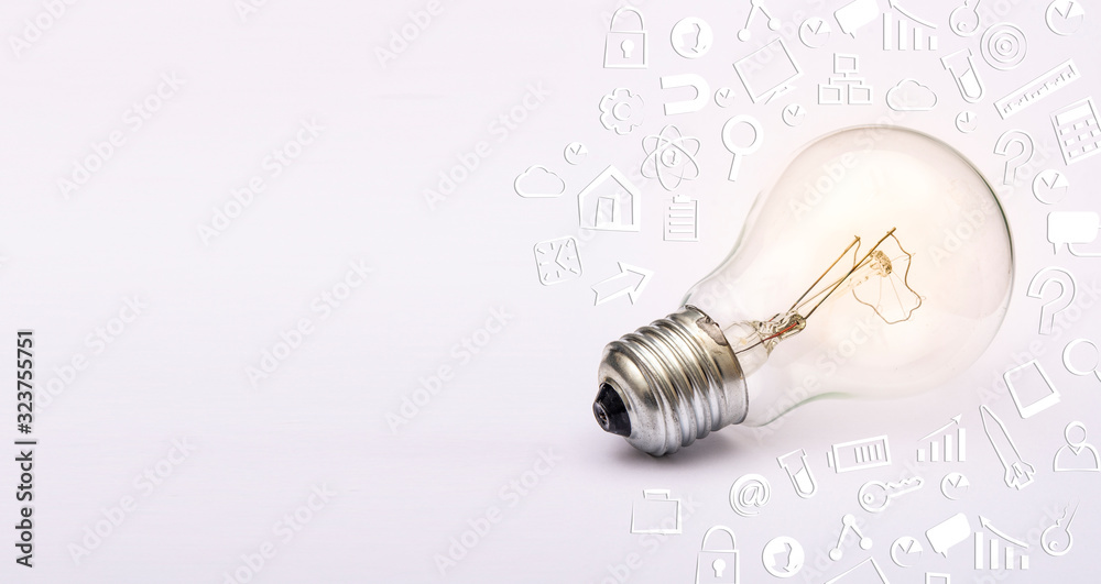 Light blub with startup business icons all around banner template Light blub with startup business icons all around banner template