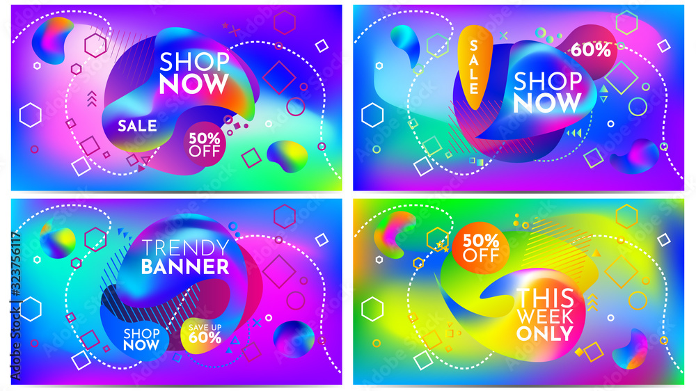 Illustration of discounts advertising, promotions, sales. Minimum vector coverage. A set of modern abstract covers. Creative fluid backgrounds from current forms to design a fashionable abstract cover