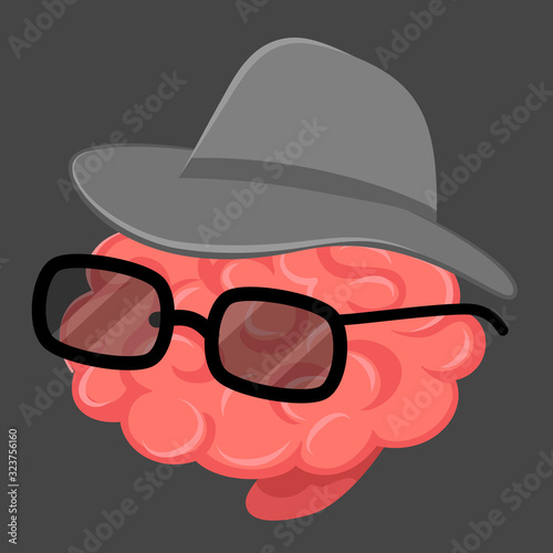 Vector creative illustration of pink human brain secret agent character in hat with glasses on dark background.