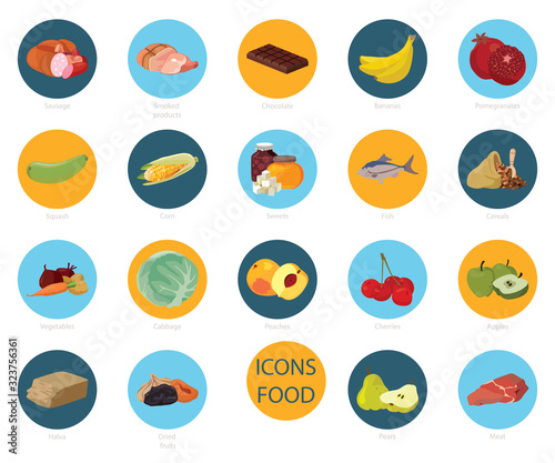 Fruits, vegetables, fats, meat, cereals, dairy products
