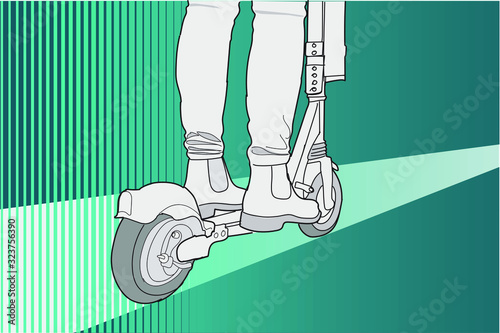 Ilustración de una persona conduciendo un patinete eléctrico sobre fondo abstracto