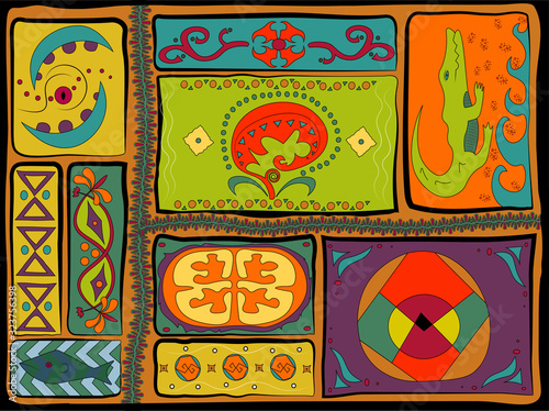 Abstract African style illustration with simple geometric shapes and animals.