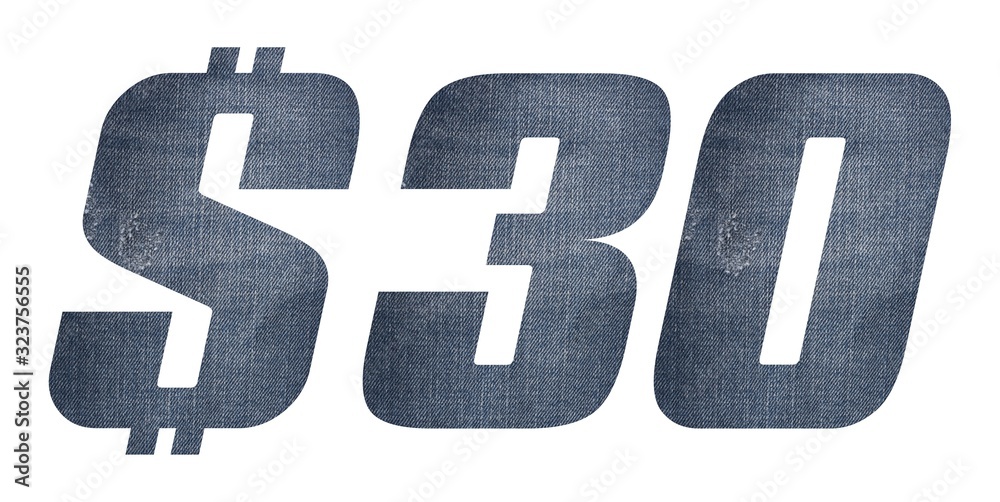 30 Dollar with jeans fabric texture on white background. Stock ...