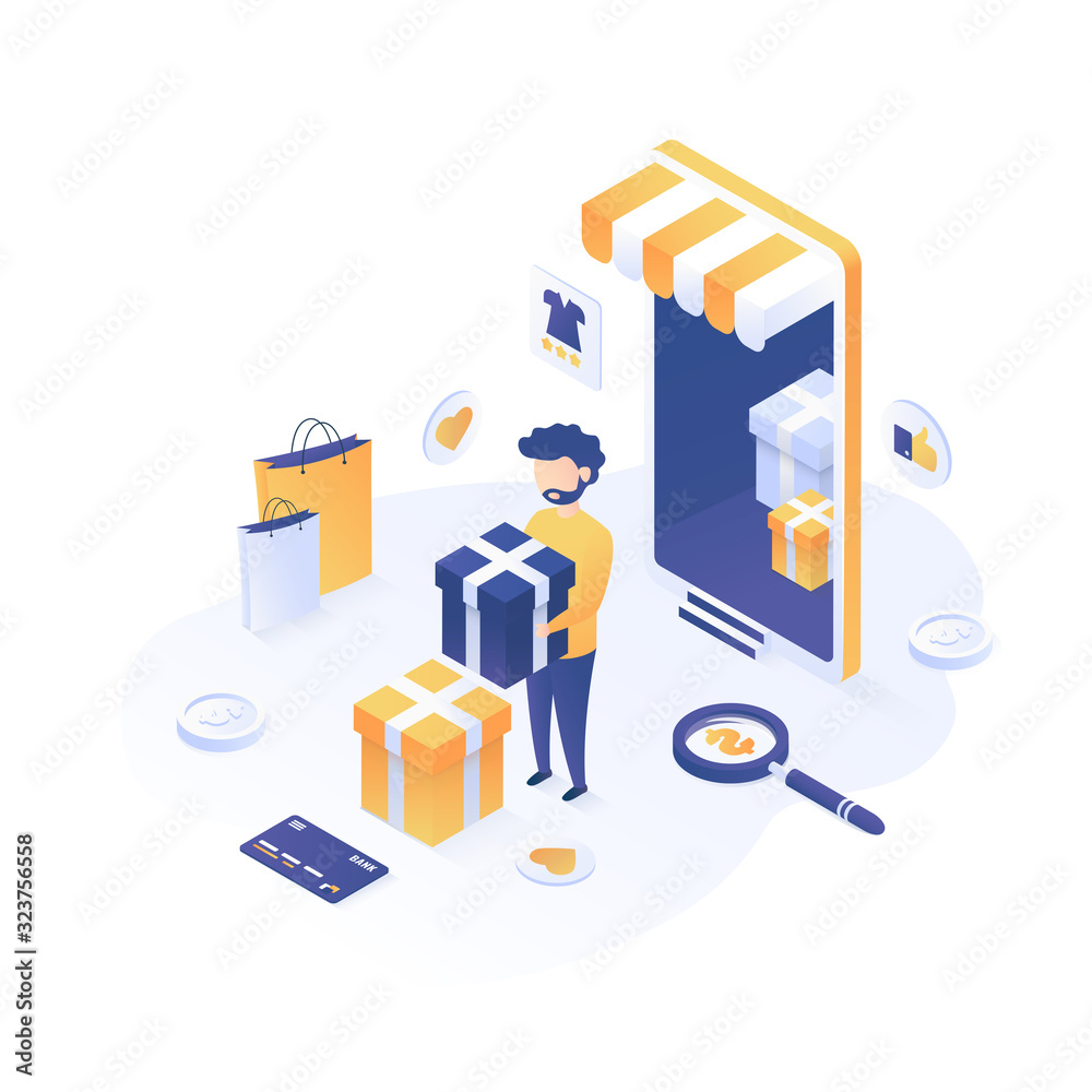 Isometric vector illustration. Concept of online shopping. Online buy using the mobile application.