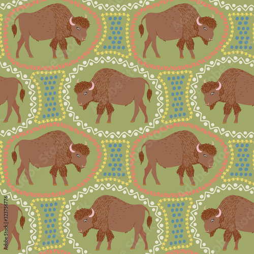 Seamless pattern of bison with ethnic ornament elements. Repeatable textile vector print, wallpaper design.