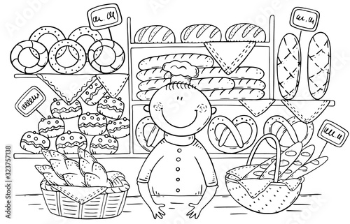 Cartoon baker selling bread and buns at the bakery, coloring page