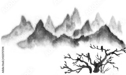 Background with mountains. Ink mountain landscape. Mountains in the fog. Trees on the mountain. Ink image. Pine trees. blue