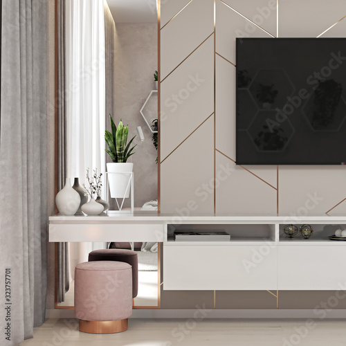 3d render of the interior elements. Decoration in the flat