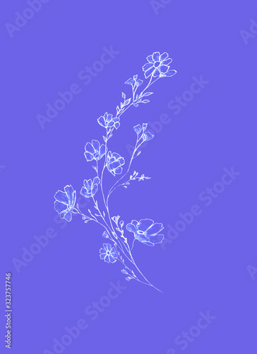 tree branch with flowers and leaves, graphic hand drawn, blossom tree on lilac background. Simple pencil art