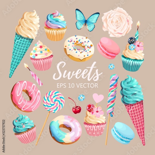 Vector set of ice cream, muffins and macaroons photo