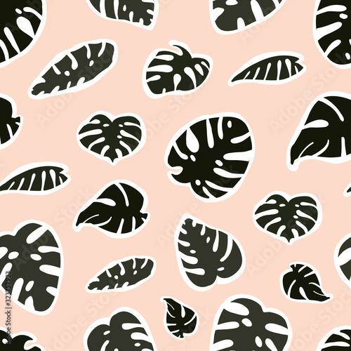 Seamless pattern with tropical green monstera leaves stickers paper cut mosaic. Botany greenery floral spring summer leaves. Vector illustration in hand drawn cartoon flat style