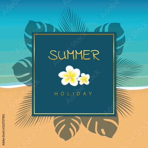 blue and gold summer holiday design with palm leaves on the beach vector illustration EPS10