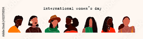 8 march international womens day. Abstract modern young female portraits. Fashion minimal trendy people face different beauty races nationality. Trendy art minimal female heads. Vector illustration