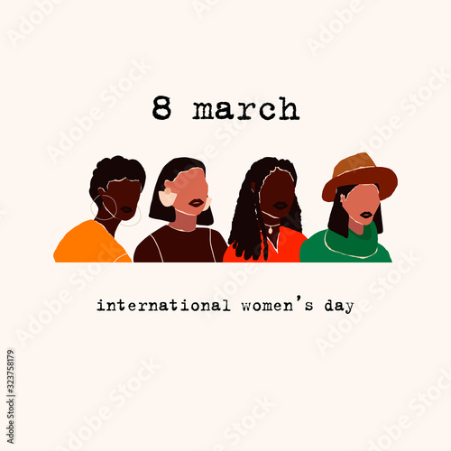 8 march international womens day. Abstract modern young female portraits. Fashion minimal trendy people face different beauty races nationality. Trendy art minimal female heads. Vector illustration