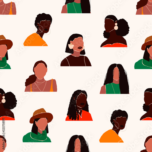 8 march international womens day seamless pattern. Abstract modern young female portraits. Fashion minimal trendy people face different beauty races nationality female heads. Vector illustration