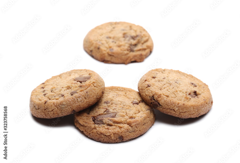 Round wholewheat biscuit with chocolate isolated on white background Round wholewheat biscuit with chocolate isolated on white background