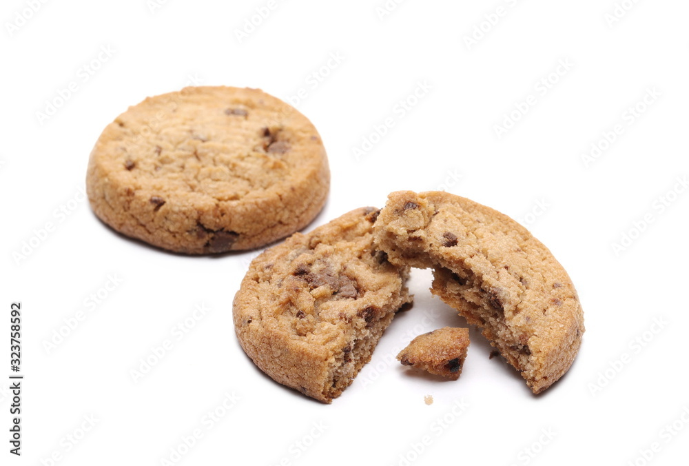 Round broken wholewheat biscuit with chocolate isolated on white background Round broken wholewheat biscuit with chocolate isolated on white background