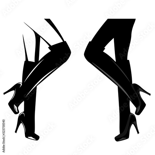 female legs wearing over the knee high boots - black and white vector outline and silhouette of beautiful woman footwear