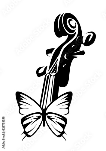 beautiful butterfly with open wings and violin neck - harmony of classical musical instrument and nature black and white vector design