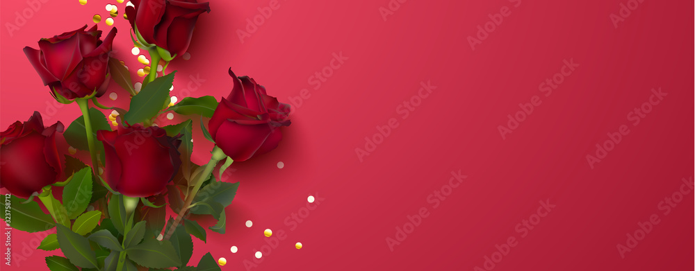 Beautiful roses and Golden confetti on red background. Realistic flowers.Template for postcard, banner, poster, advertising brochure.Vector illustration - obrazy, fototapety, plakaty 