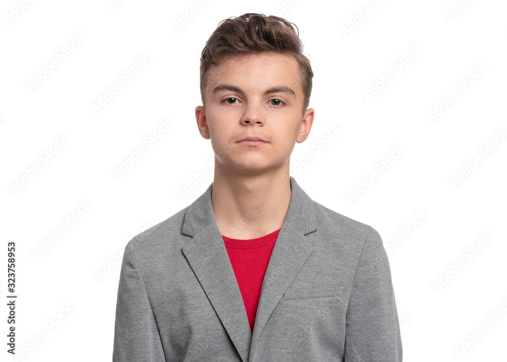 Handsome caucasian Teen Boy in suit isolated on white background. Teenager looking at camera. Happy child - close-up portrait. Handsome caucasian Teen Boy in suit isolated on white background. Teenager looking at camera. Happy child - close-up portrait.