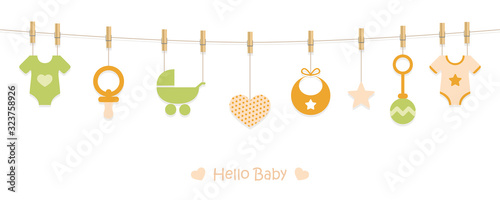 baby shower welcome greeting card for childbirth with hanging utensils vector illustration EPS10